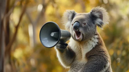Zelfklevend Fotobehang A Koala Using a Megaphone in a Solid Background. © ikkilostd