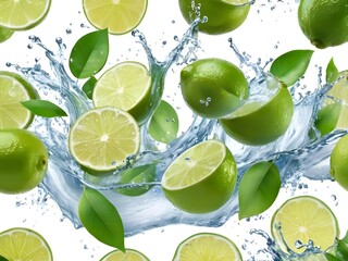 Photo fresh green lemon with water splash and leaves on white background.