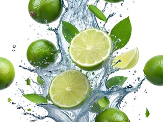 Photo fresh green lemon with water splash and leaves on white background.