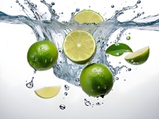 Photo fresh green lemon with water splash and leaves on white background.
