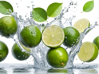 Photo fresh green lemon with water splash and leaves on white background.