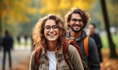 Cheerful young student with glasses and curly hair carrying a backpack, smiling brightly in an autumnal park setting, exuding warmth and happiness