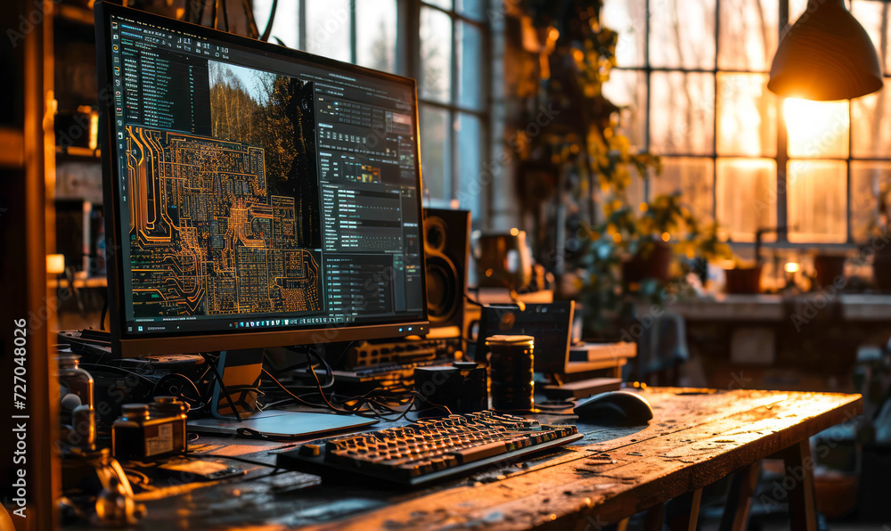 Poster computer monitor displaying intricate circuit board design for technology and electronics concept
