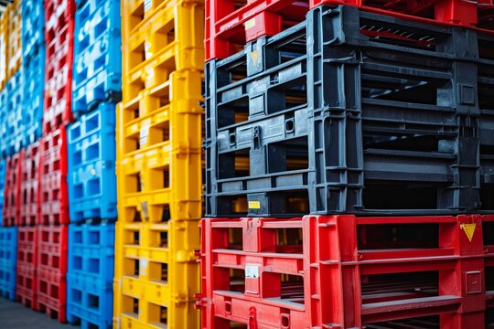 Pile of plastic shipping pallet. Industrial plastic pallet stacked at factory warehouse. Plastic pallet rack for export delivery industry. Plastic pallet storage warehouse. Generative AI.