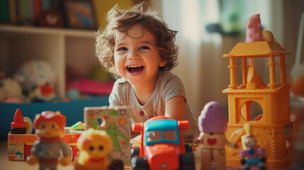 Fototapeta premium Happy kid playing toys in bedroom.