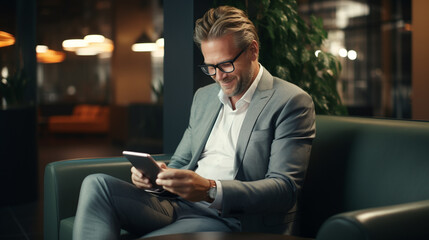 Happy businessman using smartphone in the office