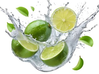 Photo fresh green lemon with water splash and leaves on white background.
