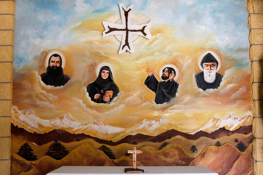 Fresco in the saints'relics church in Saint Charbel's house in Bekaa Kafra, his native village in Lebanon. Maronite saints