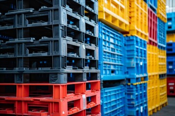 Pile of plastic shipping pallet. Industrial plastic pallet stacked at factory warehouse. Plastic pallet rack for export delivery industry. Plastic pallet storage warehouse. Generative AI.