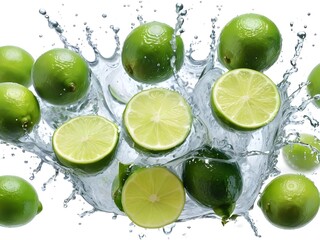 Photo fresh green lemon with water splash and leaves on white background.