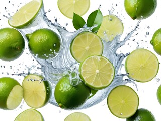 Photo fresh green lemon with water splash and leaves on white background.