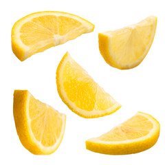 Set of fresh whole and cut Lemon and slices isolated on white background. From top view.