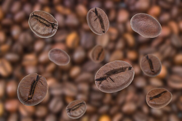 Falling coffee beans. Flying defocused coffee beans. Used for cafe advertising, packaging, menu design.
