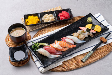 Flatfish, sushi, salmon, fish, sashimi, shrimp, tuna, and Japanese