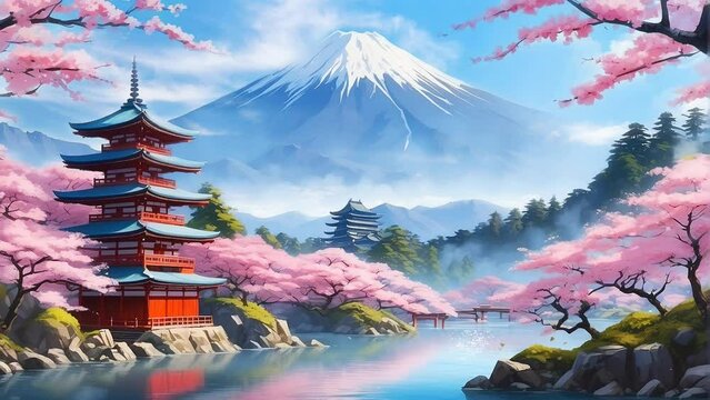 Anime background landscape video fantasy beautiful traditional temple in autumn with cherry blossom tree sakura. Generative AI video looping animation