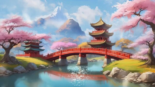 Anime background landscape video fantasy beautiful traditional temple in autumn with cherry blossom tree sakura. Generative AI video looping animation