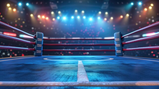 Boxing ring with illumination by spotlights, Boxing arena, generative ai