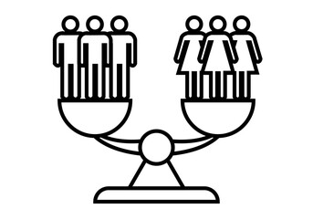 Icono negro de balanza equilibrada entre grupo de hombres y mujeres.