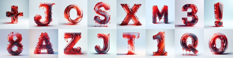 Red glass 3D Lettering Typeface. AI generated illustration