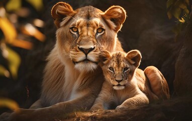 realistic photo of Lioness and her cub in National Park. generative ai