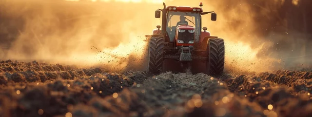 Fototapeten Modern Tractor Tilling Soil with Dynamic Dust Clouds in Field  © Infini Craft