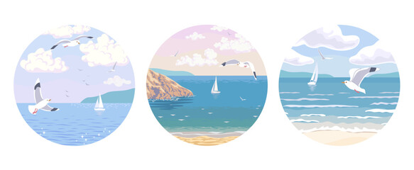 Set of Round Labels with Sea Scapes. - 727052439