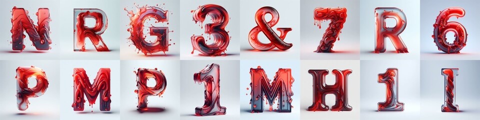 Red glass 3D Lettering Typeface. AI generated illustration