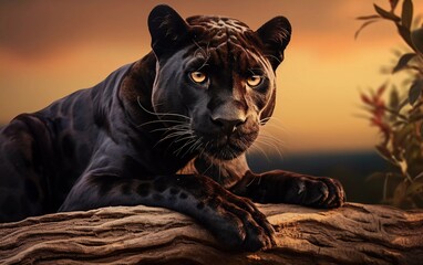 realistic photo of a panther leaning on a log with a savanna background. generative ai