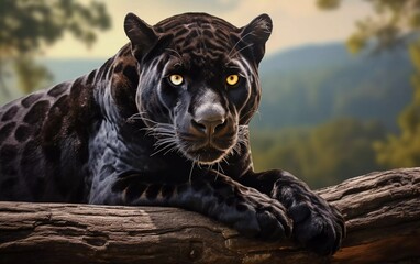 realistic photo of a panther leaning on a log with a savanna background. generative ai