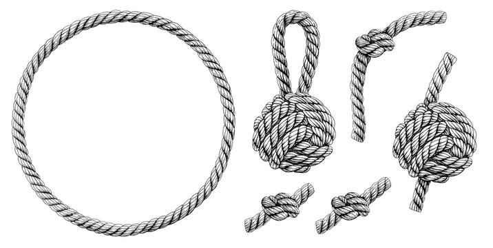 Set of knotted ropes cords monkey fist knot. Nautical thread whipcord with loops and noose. Rope cord Twisted Round frame. Illustration hand drawn graphic isolated background.