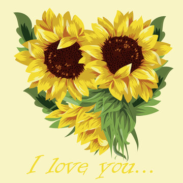 holiday card, invitation to various holidays in a floral style, namely yellow sunflowers and green leaves in the shape of a heart and the inscription I love you, vector
