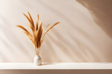  Dried Wheat plant vase on pink white empty table stage, blank white room, Minimal abstract Bathroom background for product presentation.