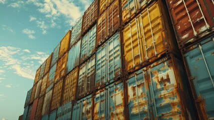 Fototapeta premium Vibrant and weathered containers piled up, offering a unique mix of colors and rust.