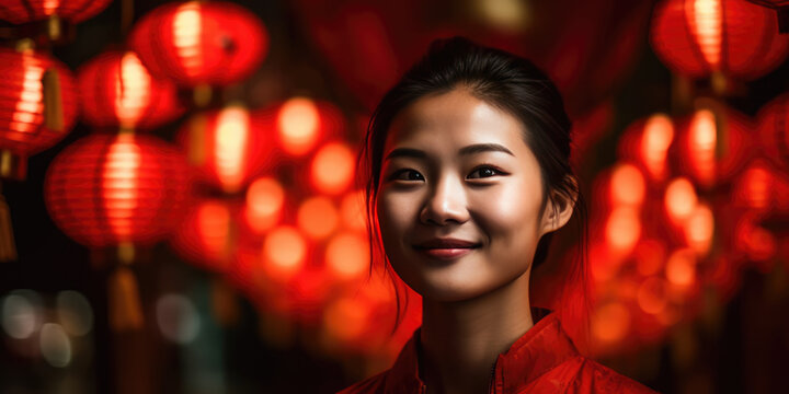 Young beauty asian woman standing under red Chinese lanterns, smiling and looking to camera, blurred background