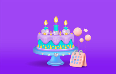 
A birthday cake with icing, candles and a heart.
Vector illustration of a 3d icon.
