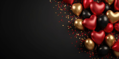 Fototapeta premium Red and golden heart-shaped balloons and gold confetti on black background, copy space. Beautiful background for Valentine's day, Wedding, Birthday, Romantic greeting card, banner, invitation
