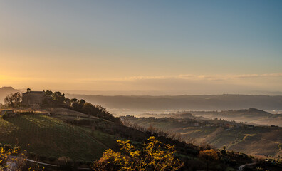 Marche. Spectacular winter landscape of the Marche hills. View from Acquaviva Picena