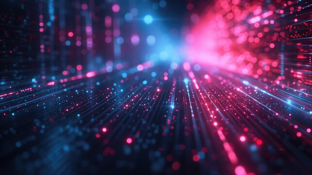 Fototapeta Abstract futuristic technology abstract background with lines for network, big data, data center, server, internet, speed. dark blue and pink neon lights into digital technology tunnel, generative ai