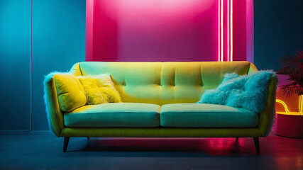Yellow fluffy sofa on a light blue background_with neon background.Copy space. Generative AI
