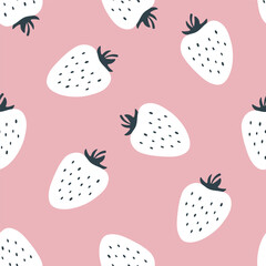 Cute seamless pattern with white strawberries and pink background