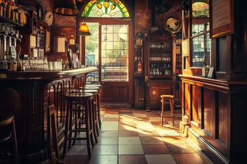 Fototapeta na wymiar Empty Irish pub. Temple Bar is a famous landmark in Dublins cultural quarter visited by thousands of tourists every year. Inside of the Temple Bar in the center of the Irish capital