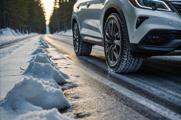 Fototapeta na wymiar Winter roads. Car on snow road. Closeup of winter tires on snowy road with forest background