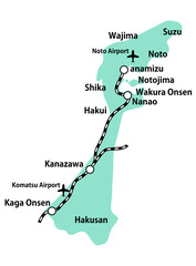 石川県の線路空港英語地名入り地図イラスト_緑色