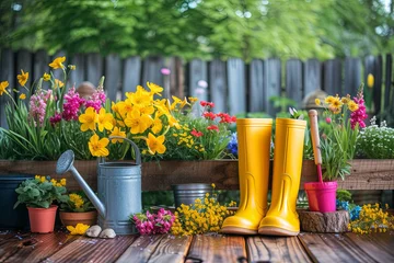 Foto auf Acrylglas Garten Gardening tools, spring flowers, gardening glows, watering can on green grass in the garden