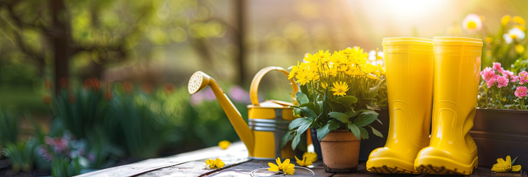 Gardening tools, spring flowers, gardening glows, watering can on green grass in the garden. Banner for sping works in the garden.