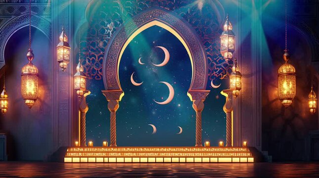 podium background in Ramadan holiday style. oriental arabic design Seamless looping 4k time-lapse virtual video animation background. Generated AI	