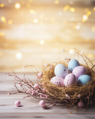 Fototapeta na wymiar Front view of wooden table, colorful speckled easter eggs in a nest and bright, blurred bokeh background. Spring backdrop to use for invitation, social media banner or cards.. 