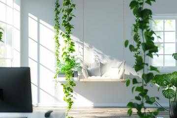 Modern home office with greenery and lots of green plants. With a swing for relax. Work life balance concept. Enjoying working from an atmospheric home office full of green plants.