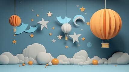 3D Rendering Of Moon, Star, Cloud, Lampion and Ramdhan Theme. Perfect For Background, Advertisement, Celebration, Discount, add Text, Template and Mock Up Object, generative ai, 