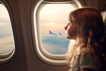 Fototapeta na wymiar child girl looks out from airplane window